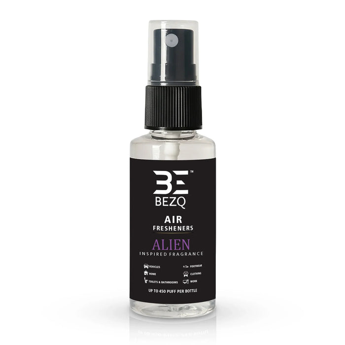 Clear spray bottle with black label for air freshener, Alien inspired fragrance, mist cap