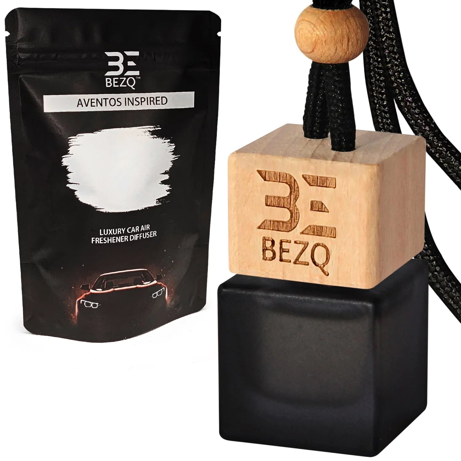 Luxury car air freshener diffuser with wooden cap and Aventos Inspired packaging