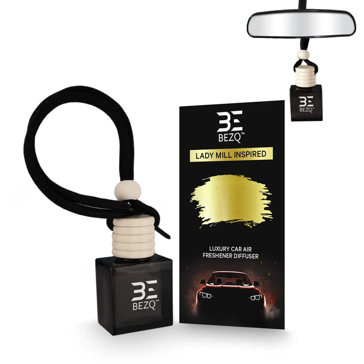 Luxury car air freshener diffuser bottle with black string and Lady Mill Inspired packaging.