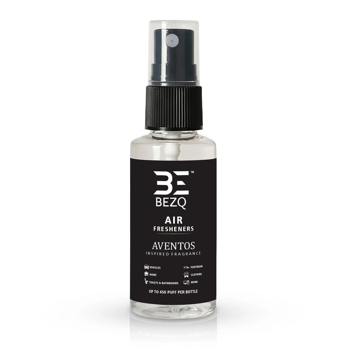 Clear spray bottle labeled BEZQ air freshener Aventos fragrance, black cap, white background