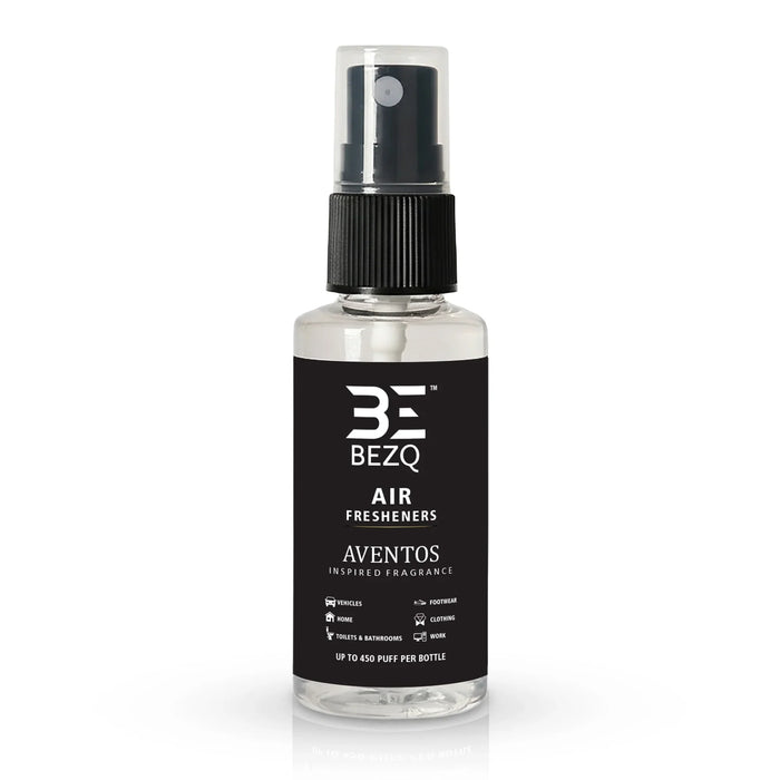 Clear spray bottle labeled BEZQ air freshener Aventos fragrance, black cap, white background