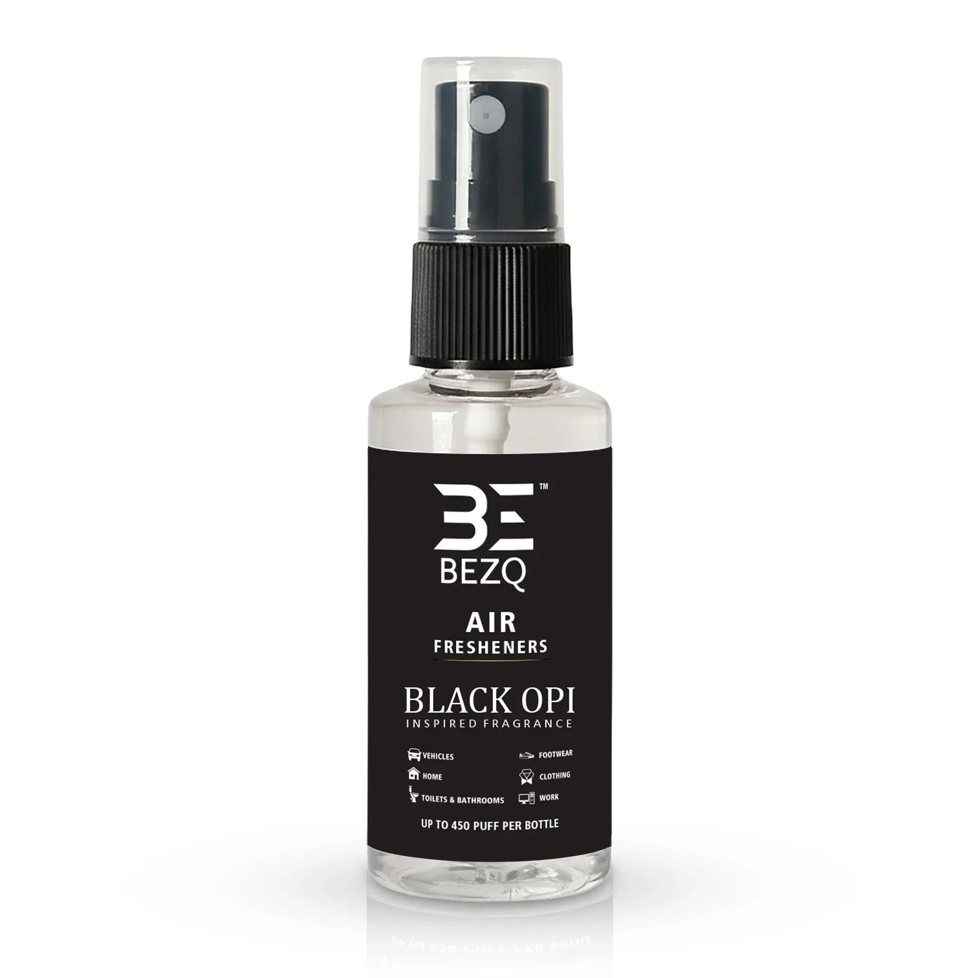 Black Opi inspired fragrance air freshener spray bottle with black label and mist nozzle