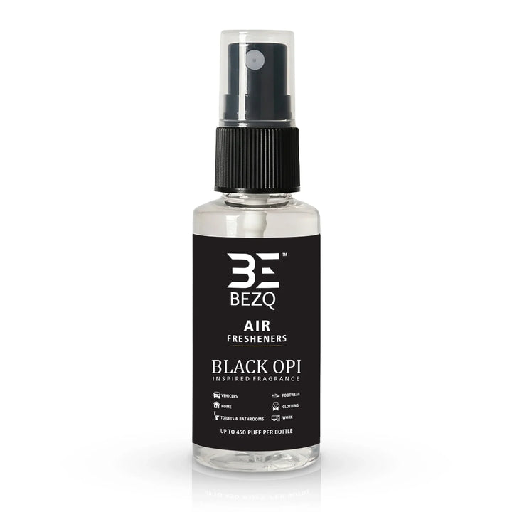 Black Opi inspired fragrance air freshener spray bottle with black label and mist nozzle
