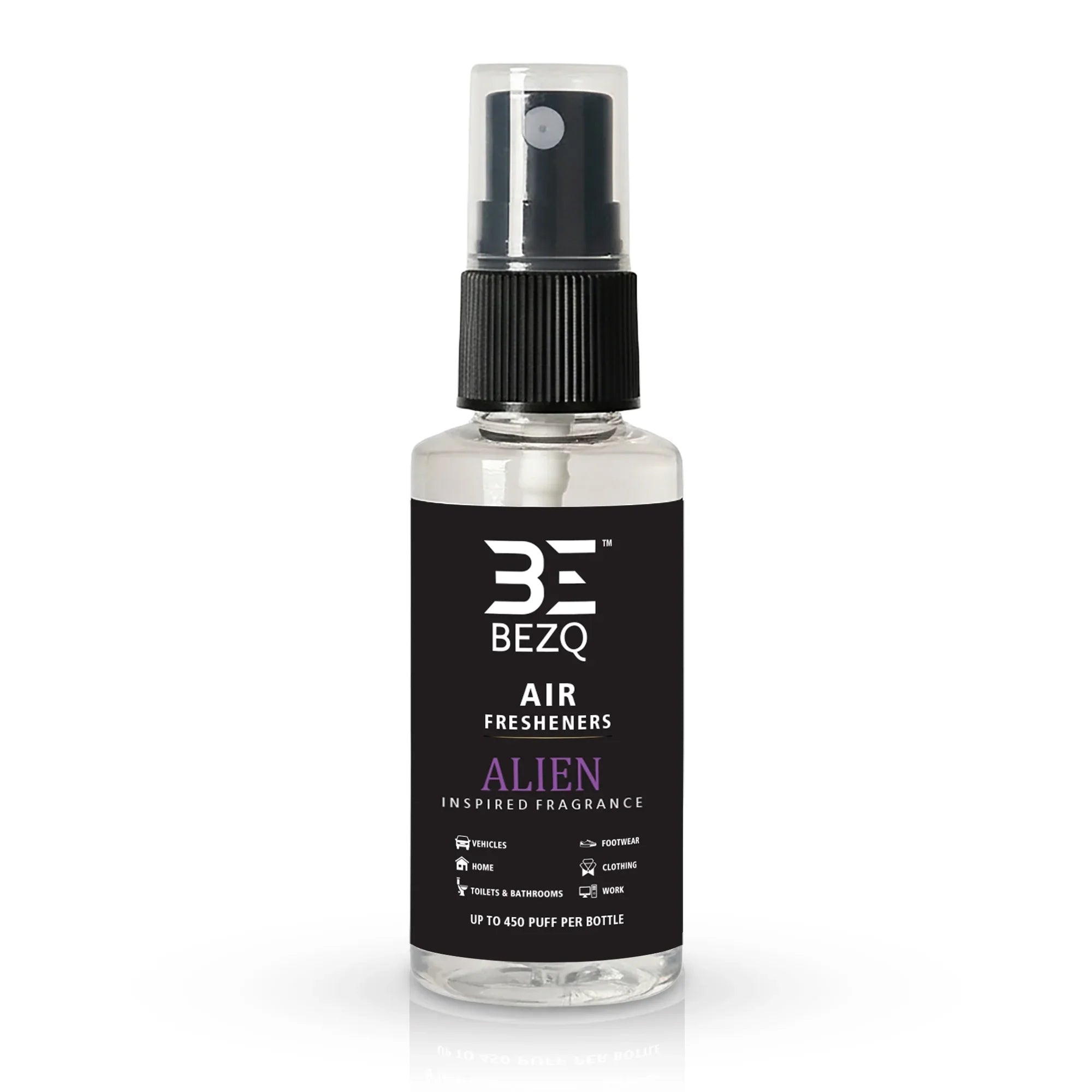 Clear spray bottle with black label for air freshener, Alien inspired fragrance, mist cap