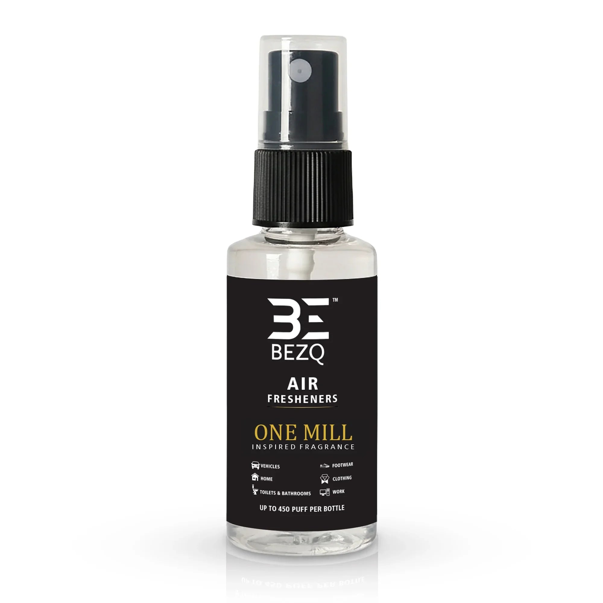 Car air freshener spray bottle with black label, inspired fragrance, suitable for home and vehicles