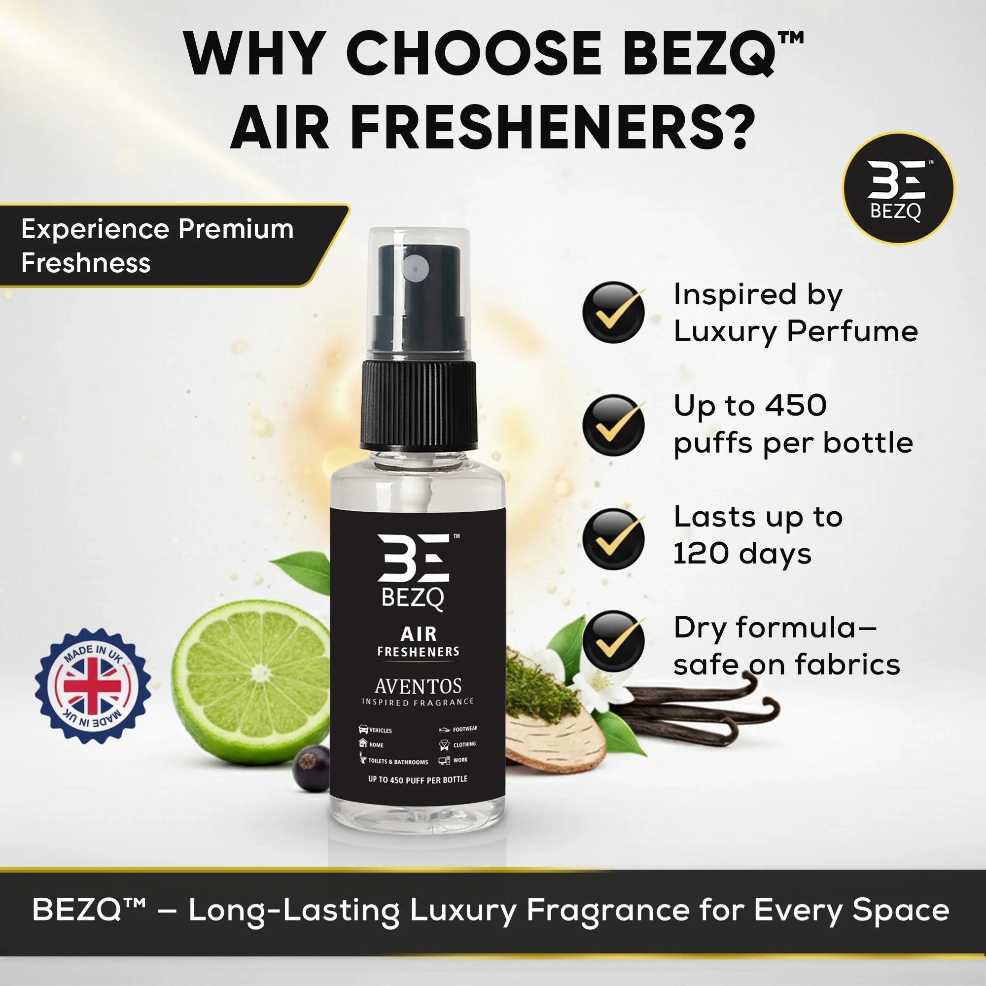 BEZQ luxury car air freshener spray bottle with Aventos fragrance, surrounded by lime, vanilla, and promotional text highlighting long-lasting freshness and premium scent.