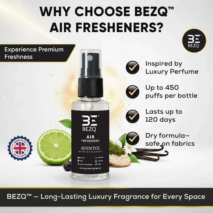 BEZQ luxury car air freshener spray bottle with Aventos fragrance, surrounded by lime, vanilla, and promotional text highlighting long-lasting freshness and premium scent.