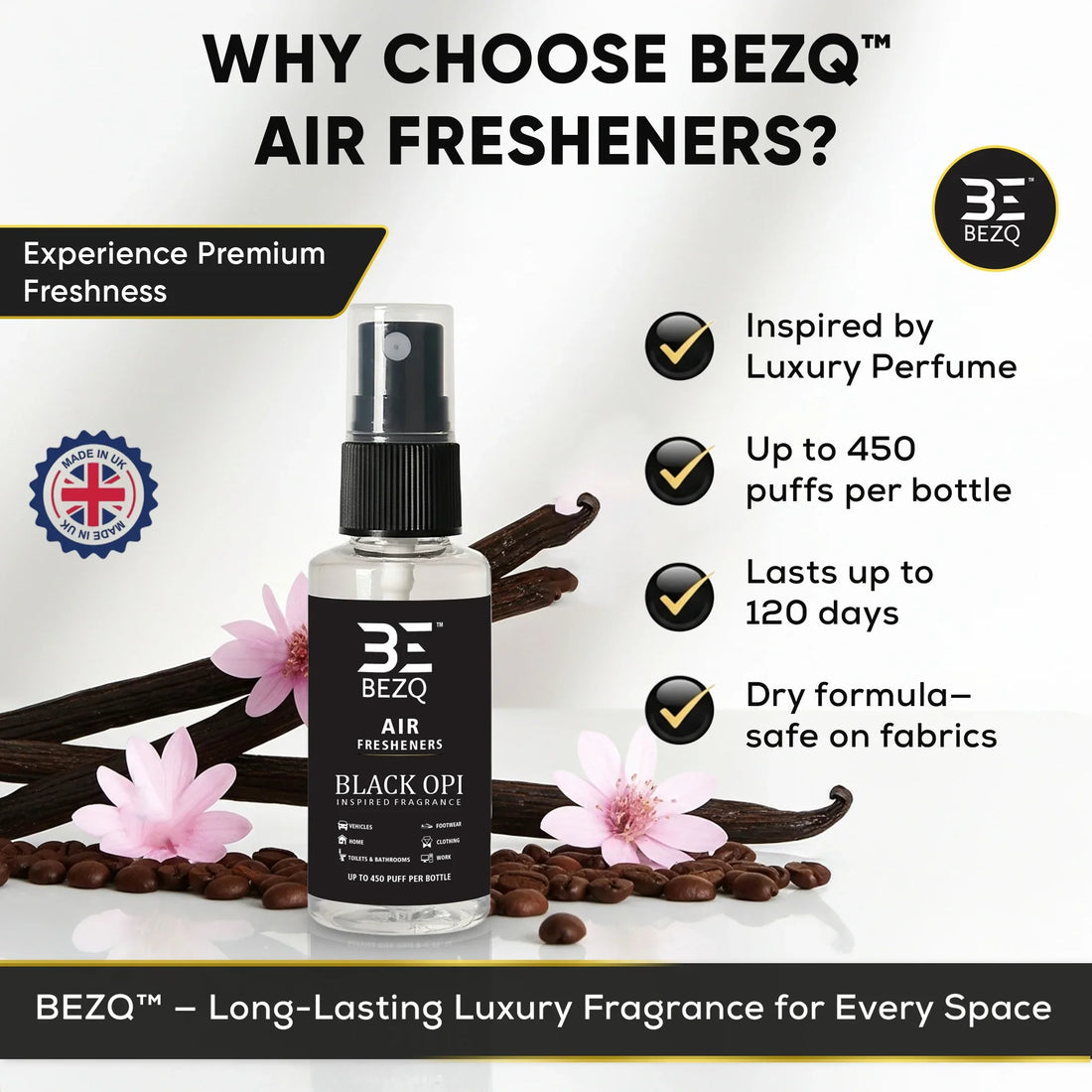 Luxury car air freshener spray bottle with coffee beans, vanilla pods, and flowers, highlighting long-lasting fragrance and UK-made quality.