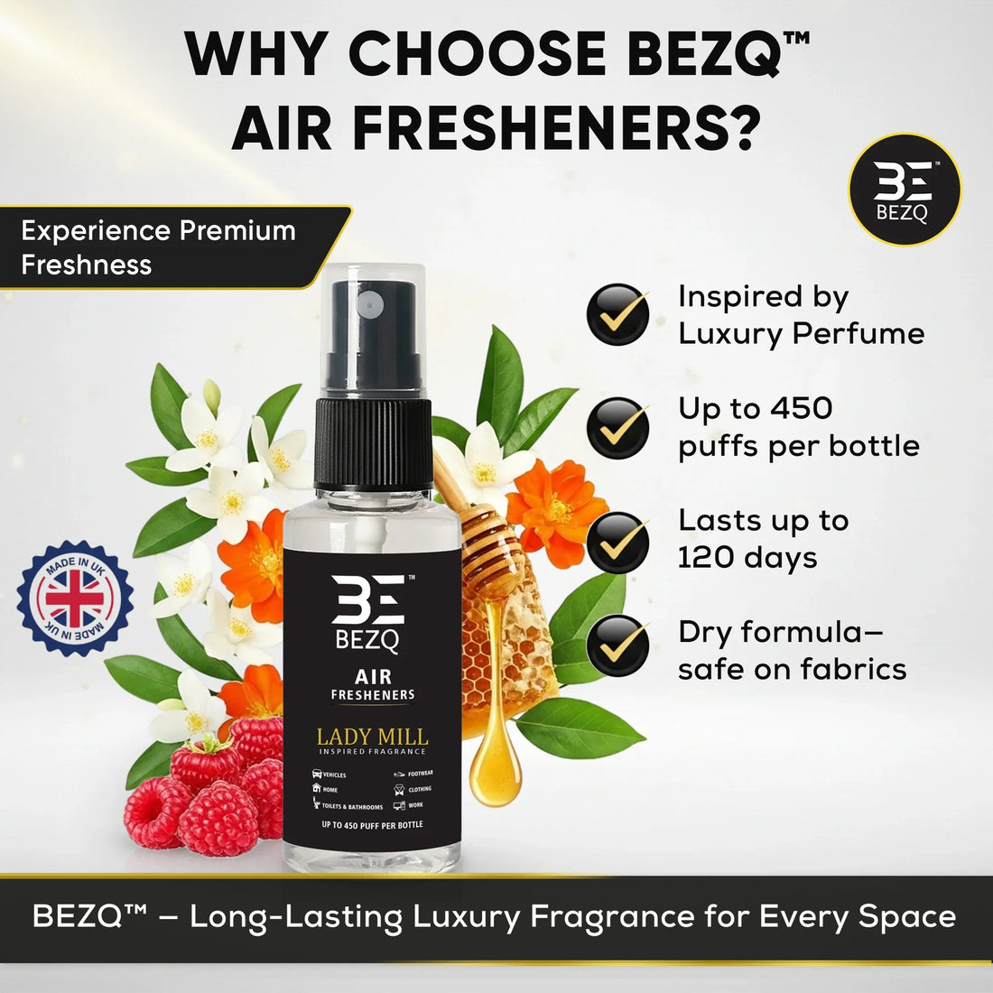 BEZQ air freshener spray bottle with floral, honey, and berry elements, luxury scent benefits highlighted