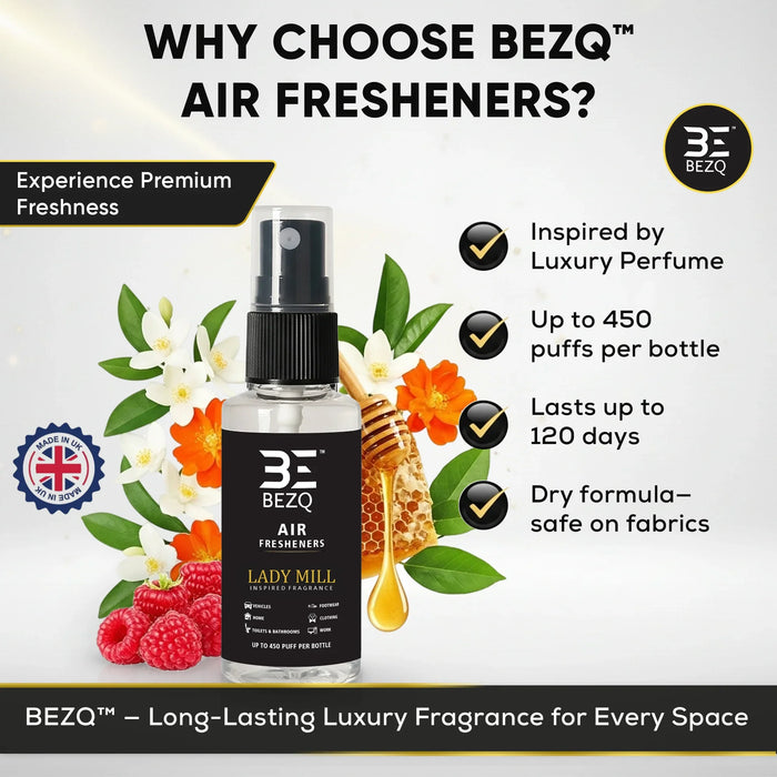 BEZQ air freshener spray bottle with floral, honey, and berry elements, luxury scent benefits highlighted