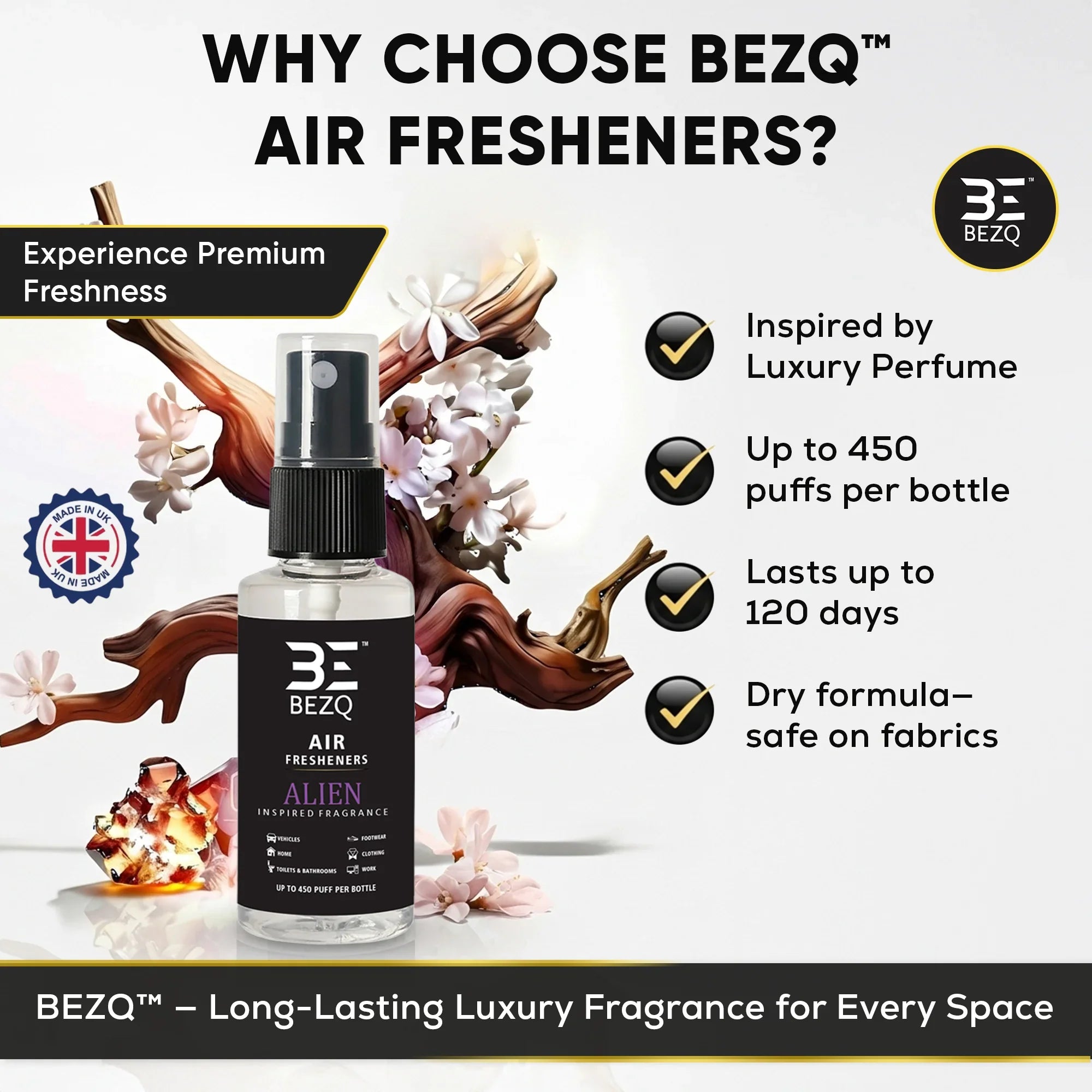 Luxury car air freshener spray bottle with floral accents and product benefits listed.