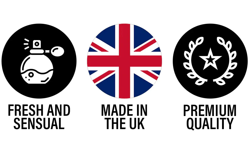 Icons highlighting fresh and sensual scent, UK-made, and premium quality features.