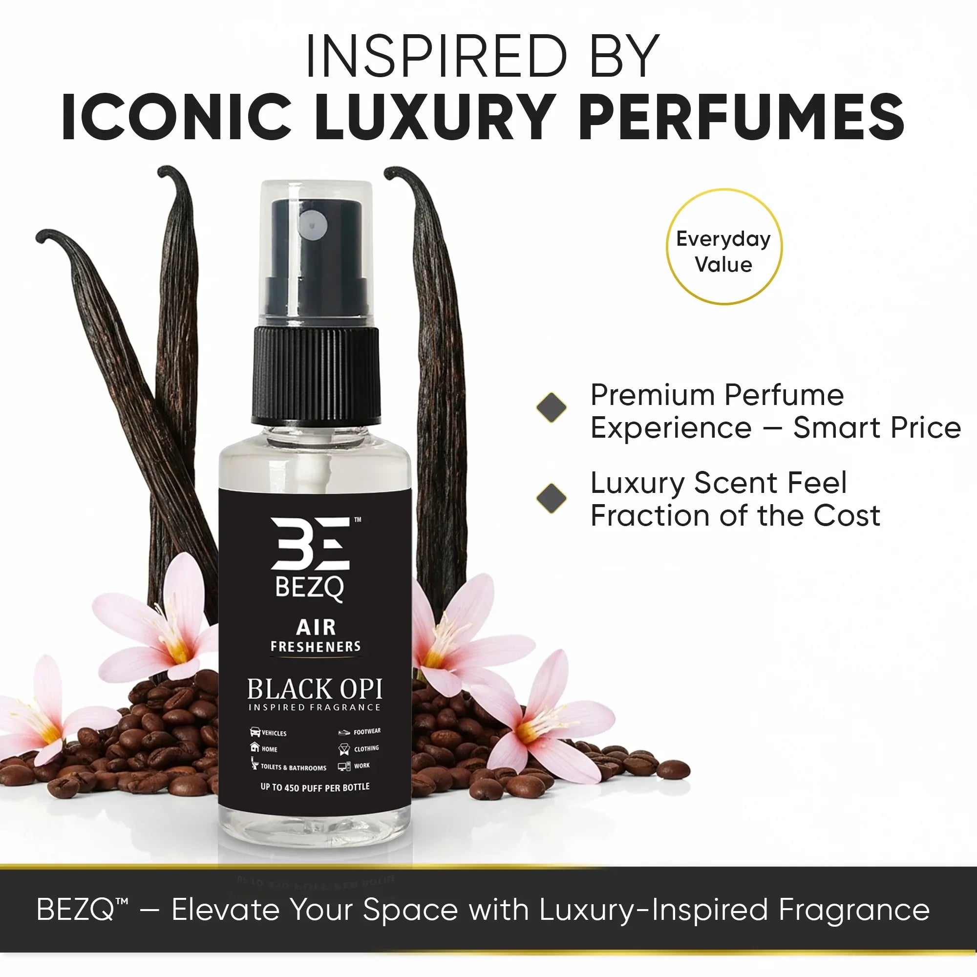 Luxury perfume-inspired car air freshener spray with vanilla, coffee beans, and pink flowers.
