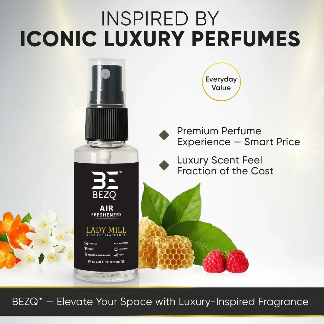 Luxury-inspired car air freshener spray bottle with floral, honeycomb, and raspberry elements