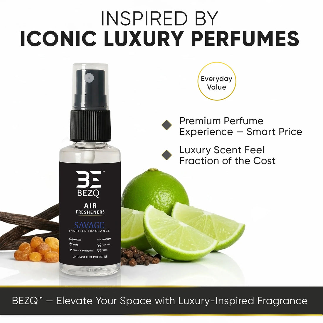 Luxury car air freshener spray with lime, vanilla, resin and pepper, inspired by iconic perfumes.