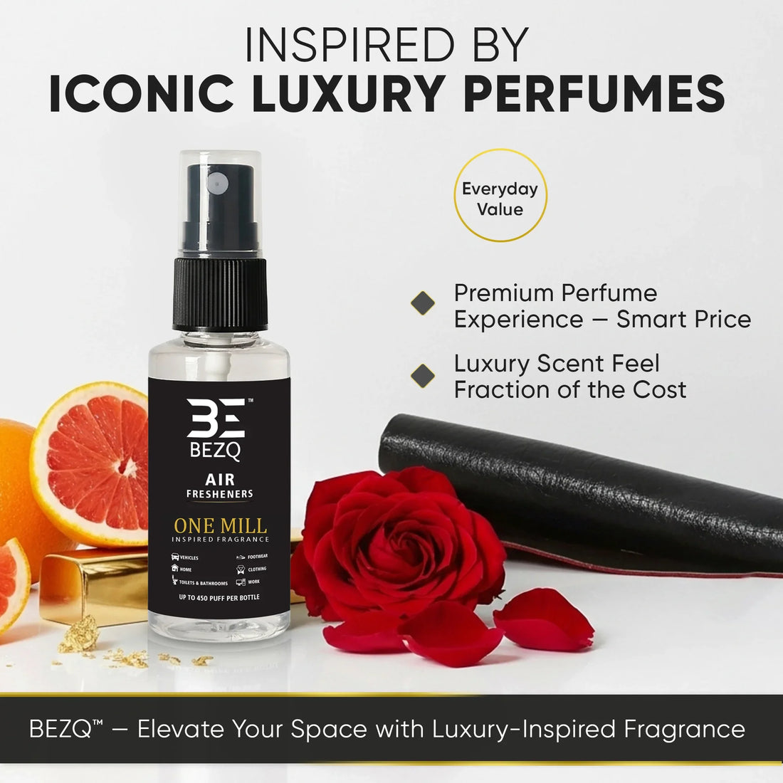 Car air freshener spray bottle with rose, grapefruit, gold bar, and luxury-inspired elements