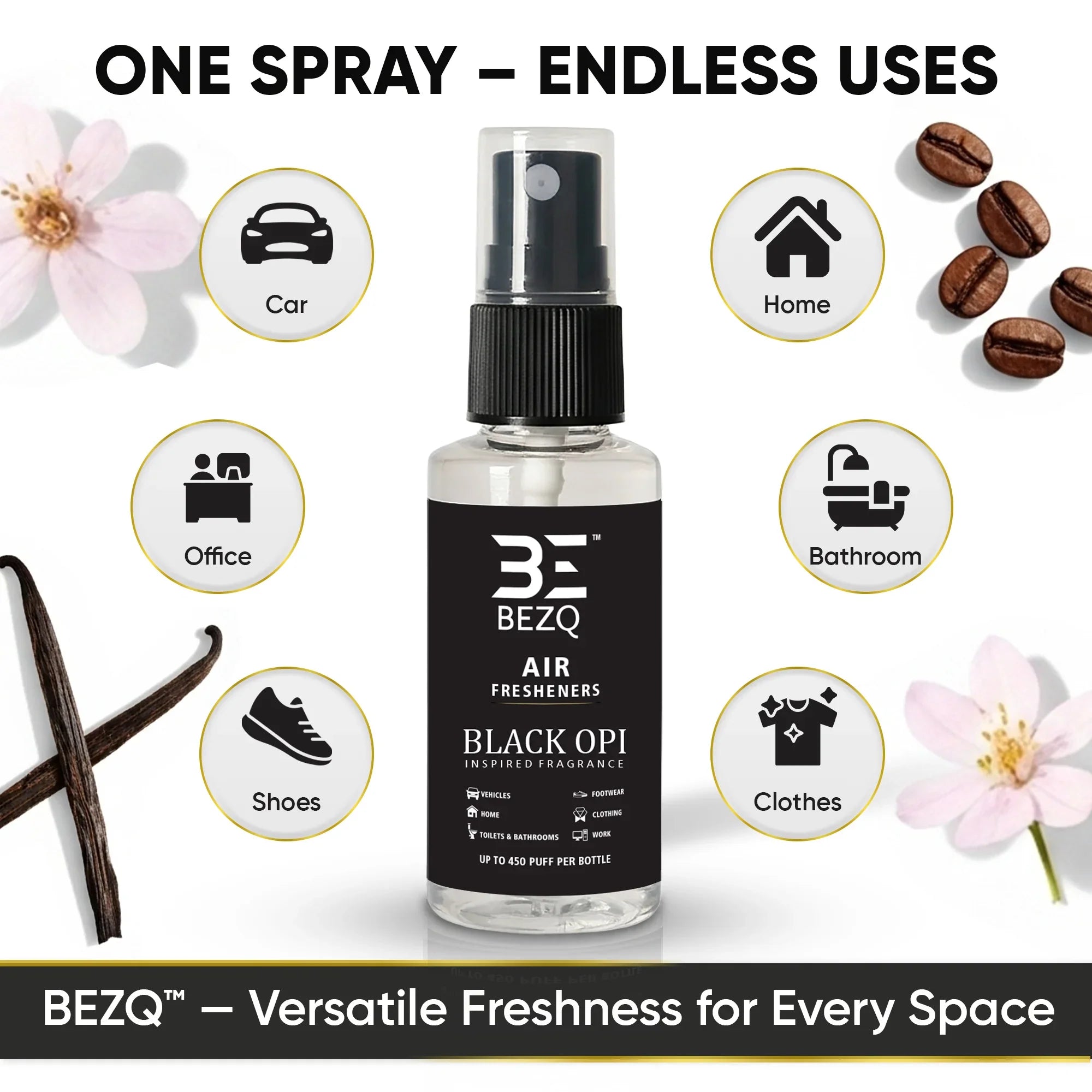 Black Opi air freshener spray for car, home, office, bathroom, shoes, and clothes