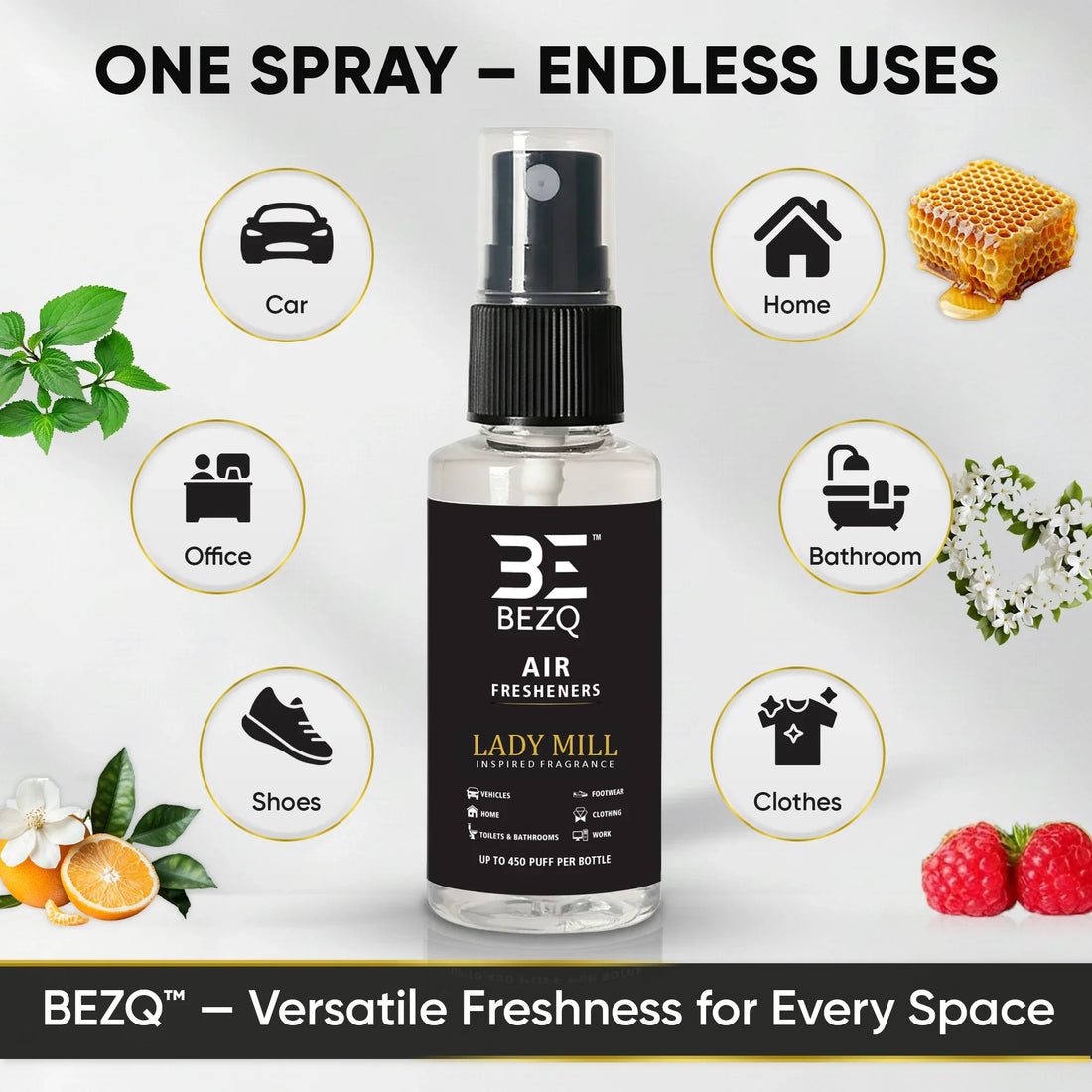 Multi-use car air freshener spray bottle with icons for car, home, office, bathroom, shoes, and clothes