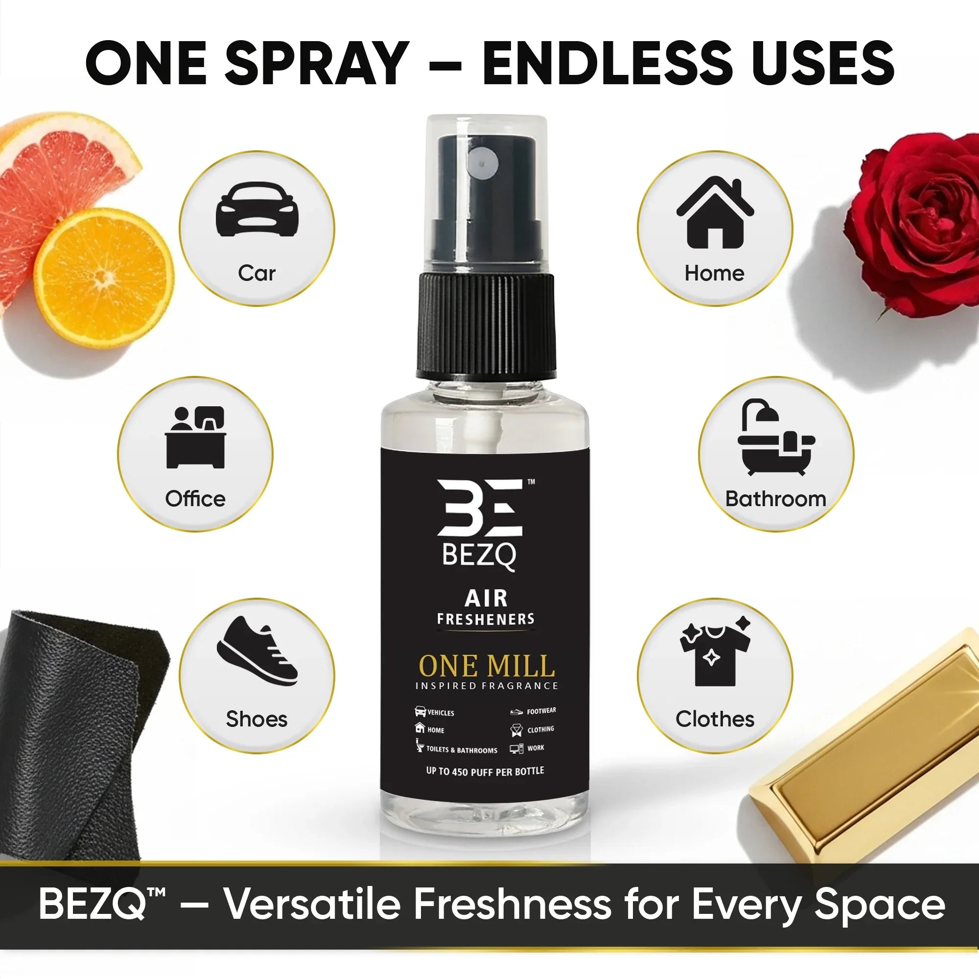 Versatile air freshener spray bottle with icons for car, home, office, shoes, bathroom, and clothes.