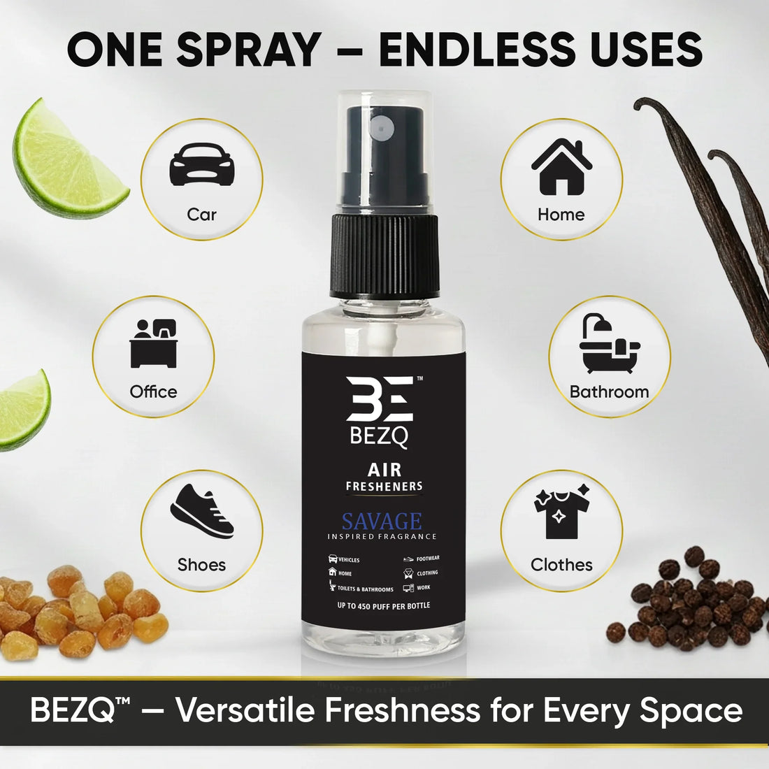 Versatile air freshener spray bottle with icons for car, home, office, bathroom, shoes, and clothes.