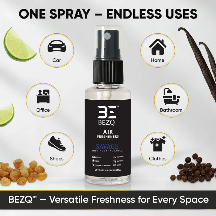Versatile air freshener spray bottle with icons for car, home, office, bathroom, shoes, and clothes.