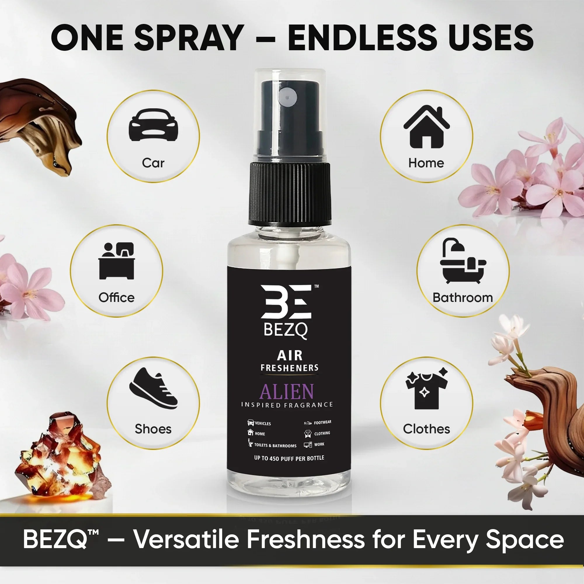 Air freshener spray bottle with icons for car, home, office, bathroom, shoes, and clothes.
