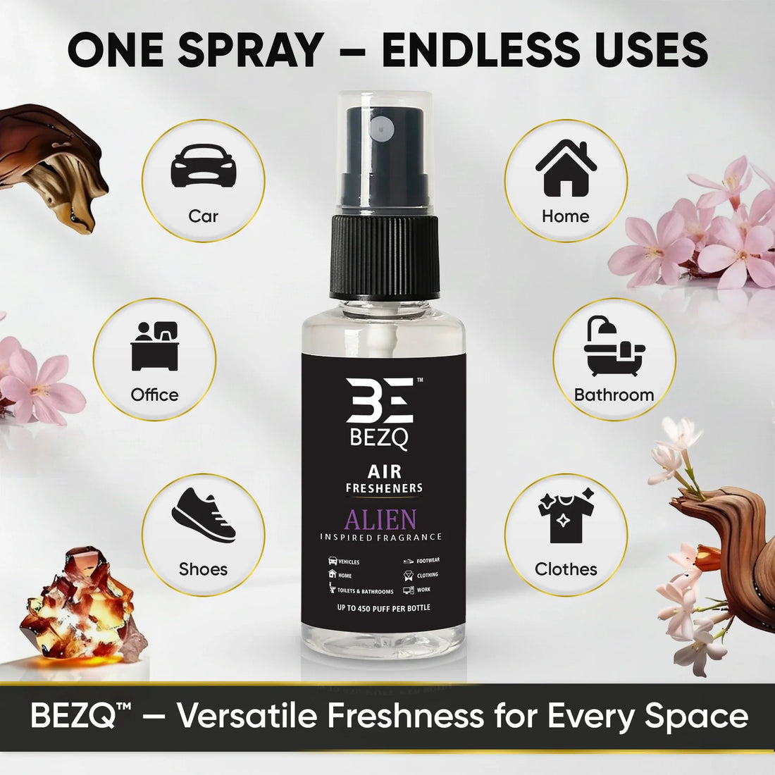 Air freshener spray bottle with icons for car, home, office, bathroom, shoes, and clothes.