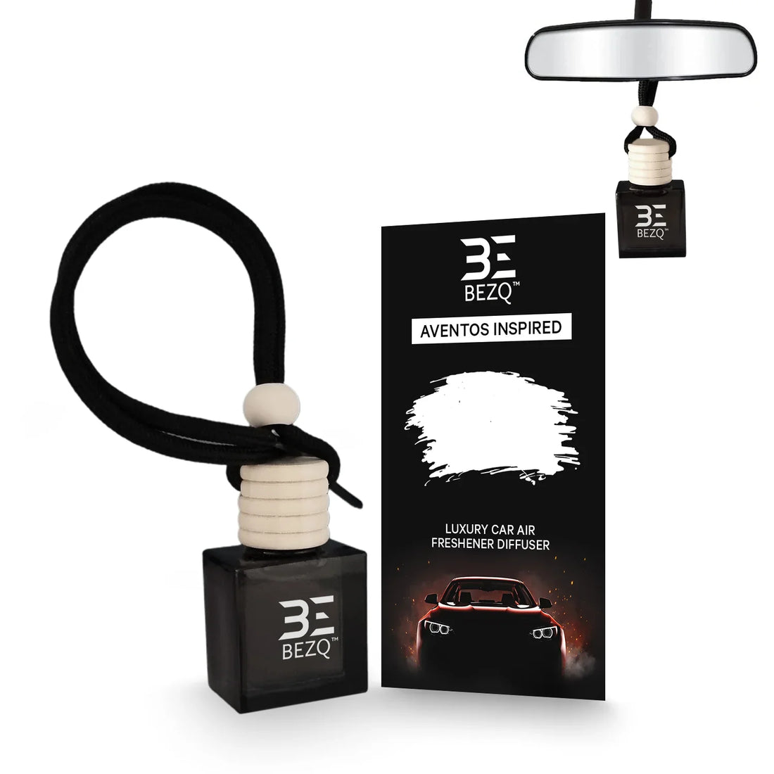 Luxury car air freshener diffuser with black hanging bottle and Aventos Inspired label.