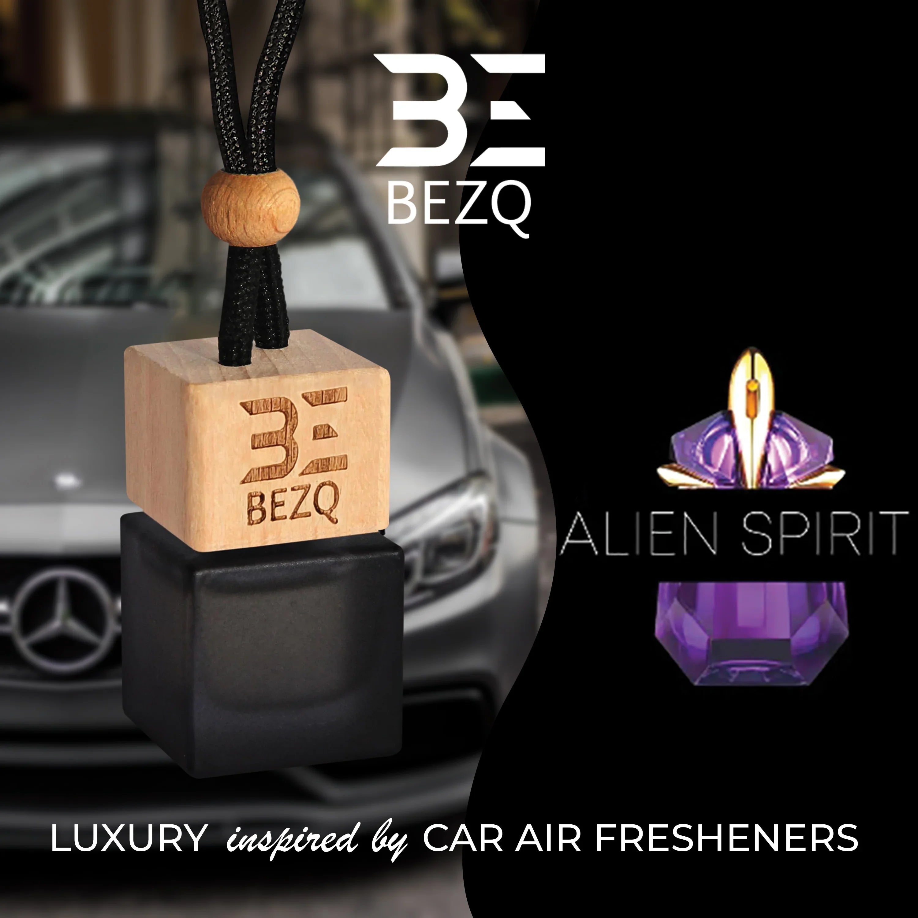 Luxury wooden and black car air freshener with black cord, car and Alien Spirit graphic