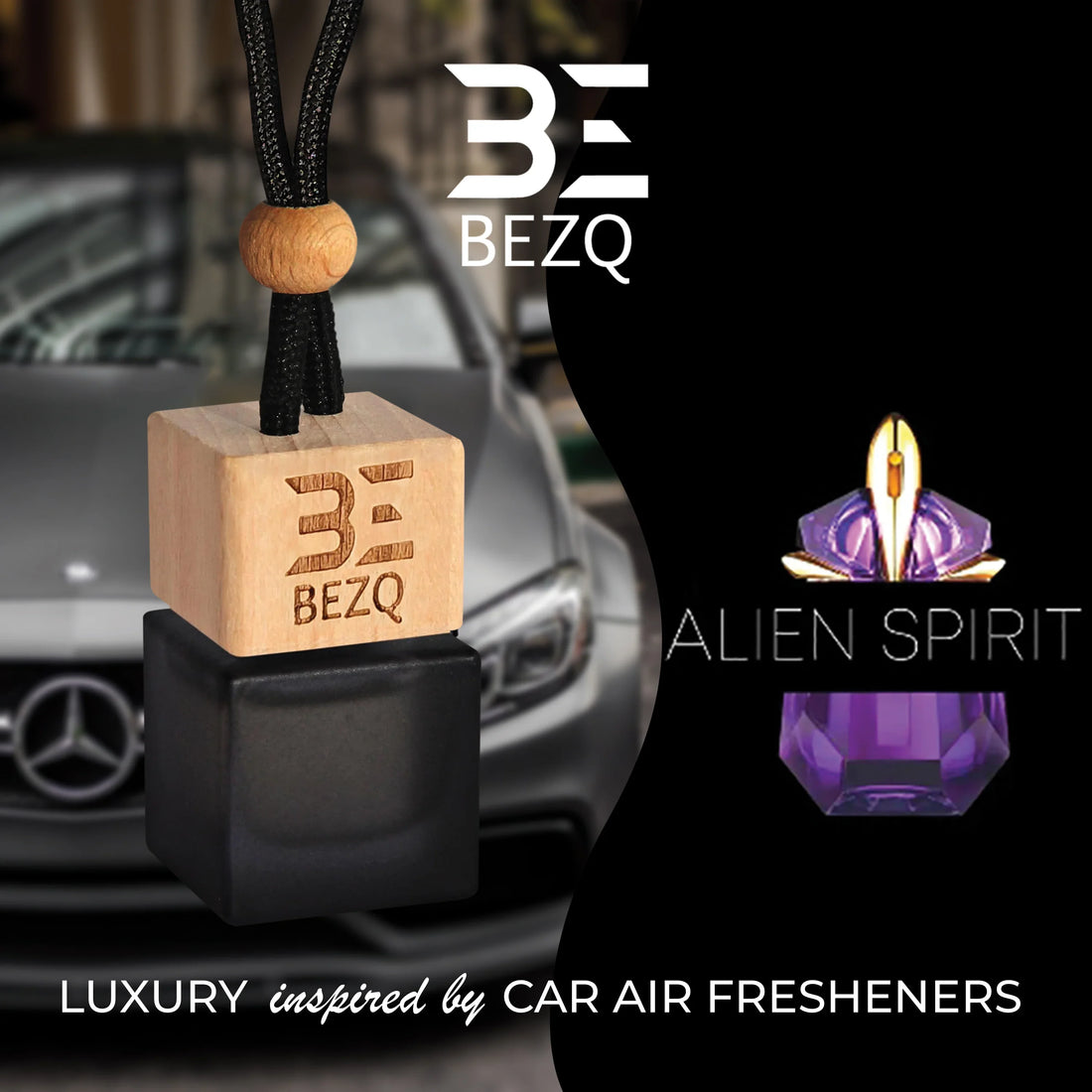 Luxury wooden and black car air freshener with black cord, car and Alien Spirit graphic