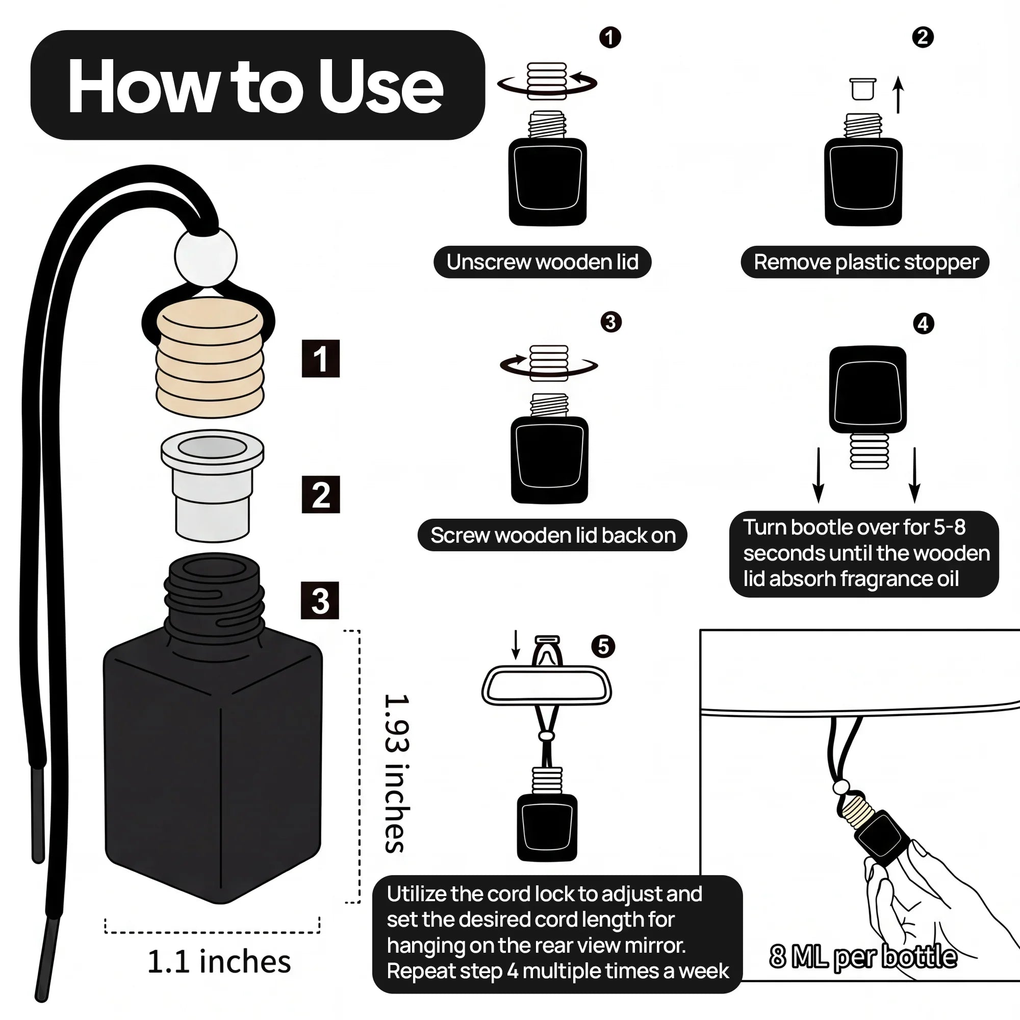 How to use car air freshener with wooden lid, plastic stopper, and cord for rearview mirror hanging.