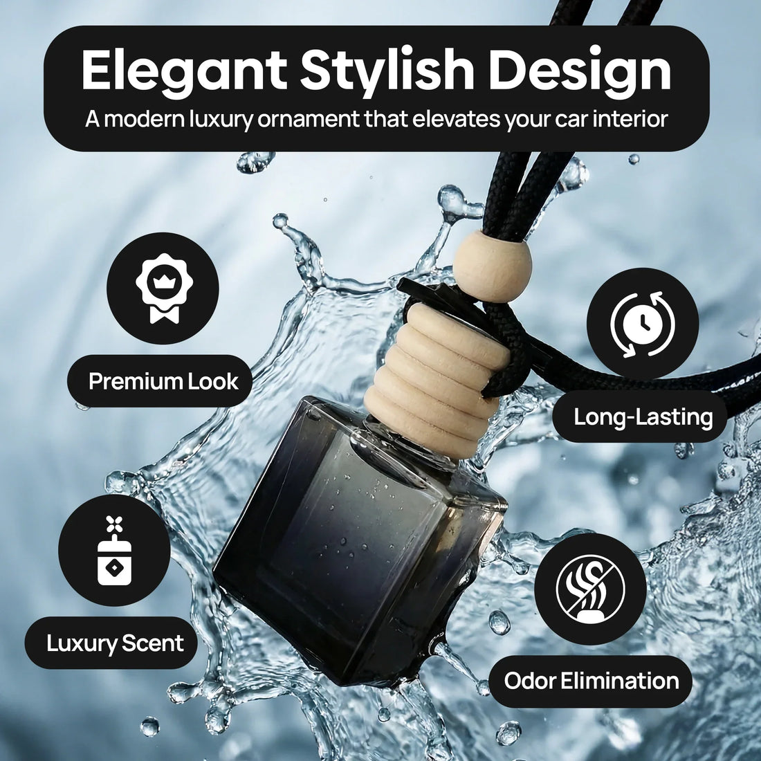 Elegant car air freshener bottle with wooden cap and black cord, splash background, luxury scent