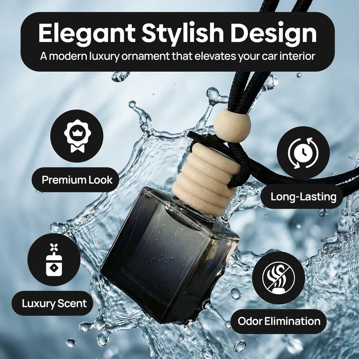 Elegant car air freshener bottle with wooden cap and black cord, splash background, luxury scent