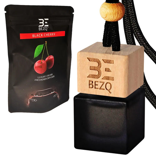 Black cherry luxury car air freshener diffuser with wooden lid and retail pouch.