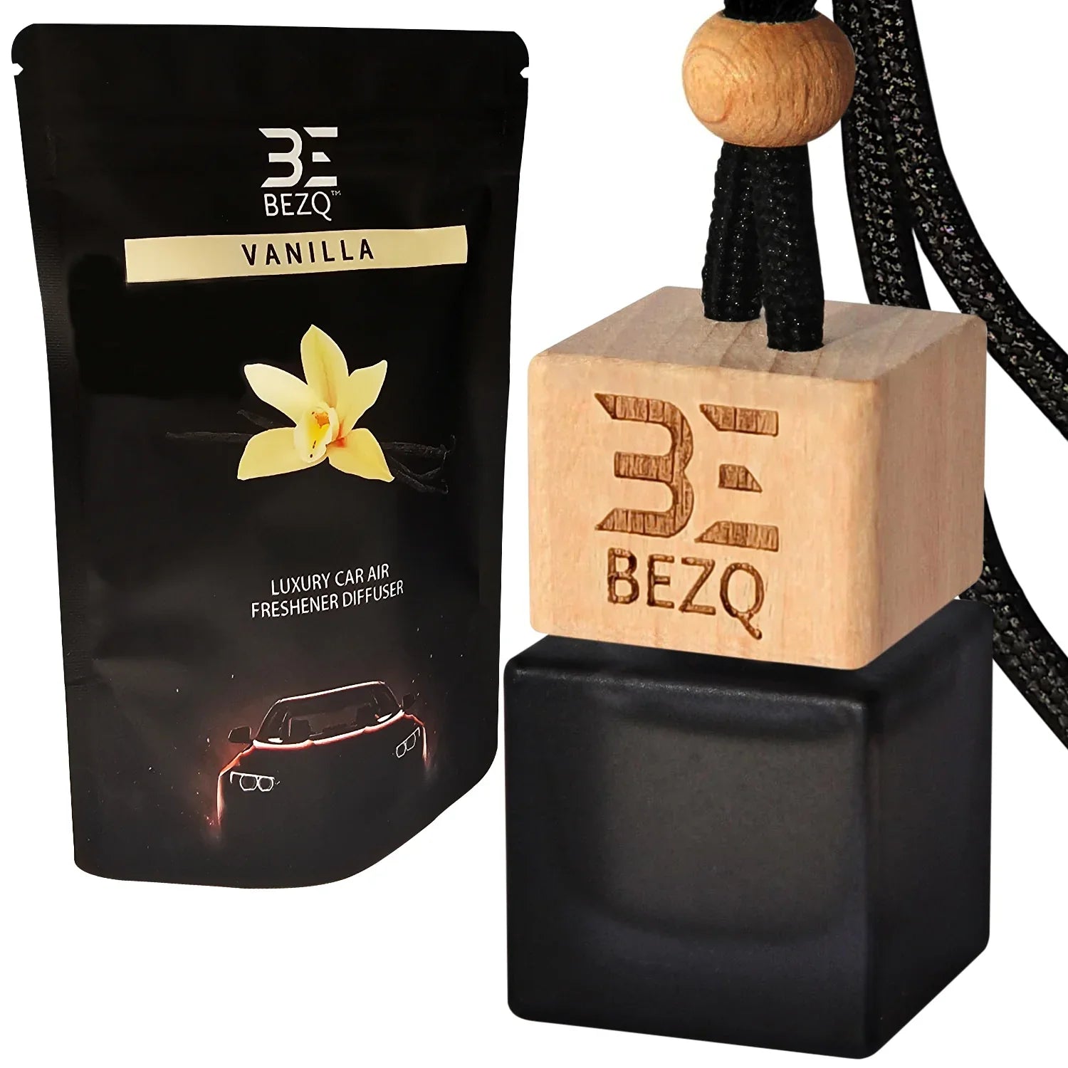 Vanilla luxury car air freshener diffuser with wooden cap and stylish packaging