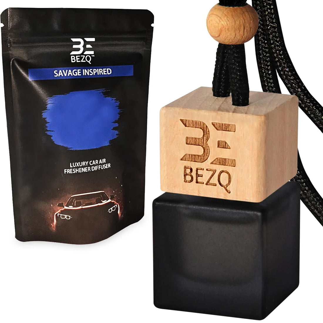 Luxury car air freshener diffuser with black pouch and wooden cap bottle for vehicles