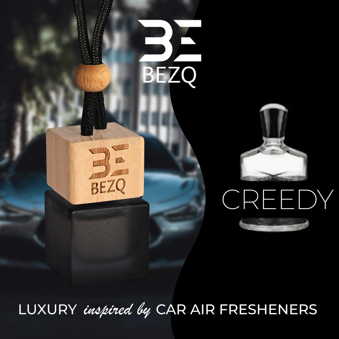 Luxury wooden car air freshener bottle with hanging cord, city car background, CREEDY scent