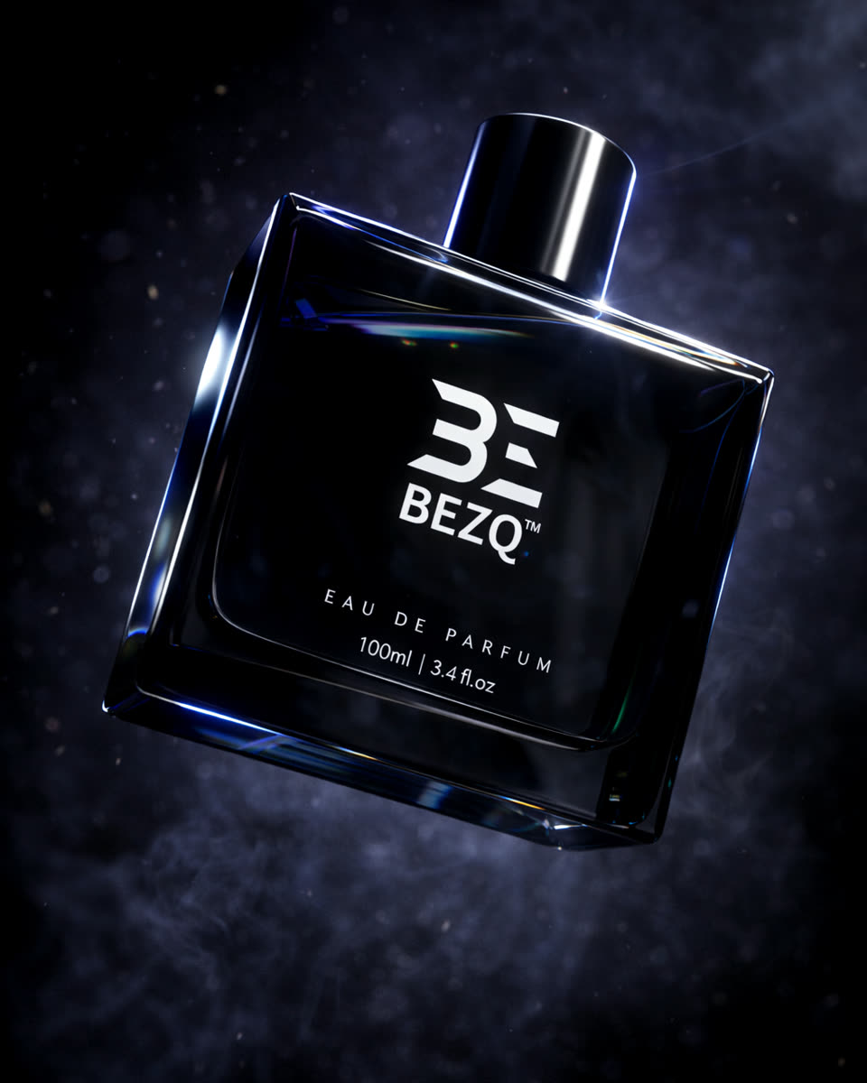 A black BEZQ-inspired eau de parfum bottle in a cinematic fragrance cloud