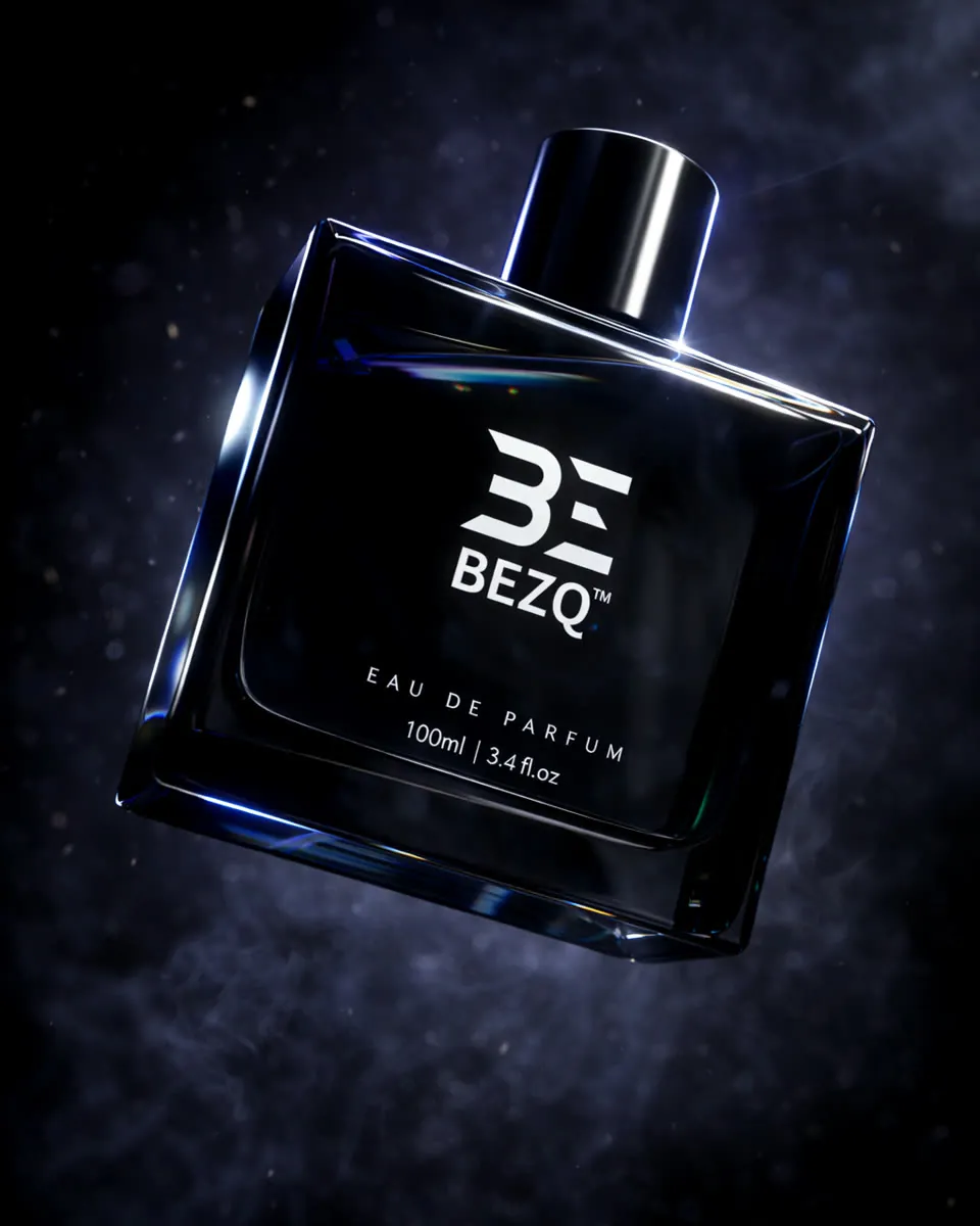 A black BEZQ-inspired eau de parfum bottle in a cinematic fragrance cloud