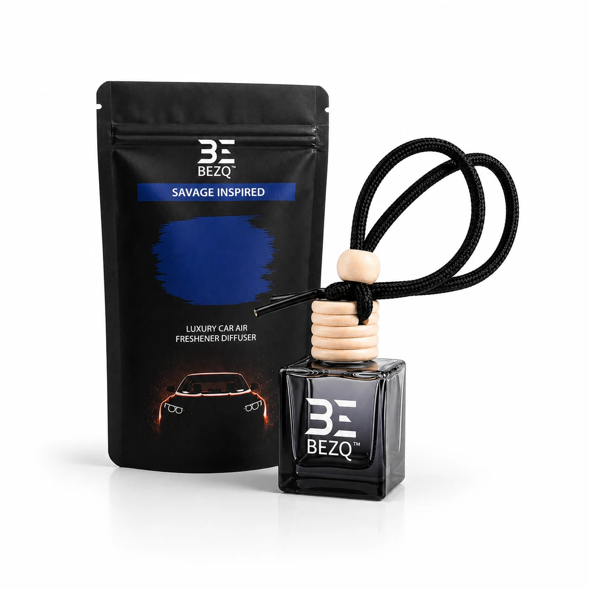 BEZQ Savage-inspired diffuser, braided cord, wooden cap and product pouch