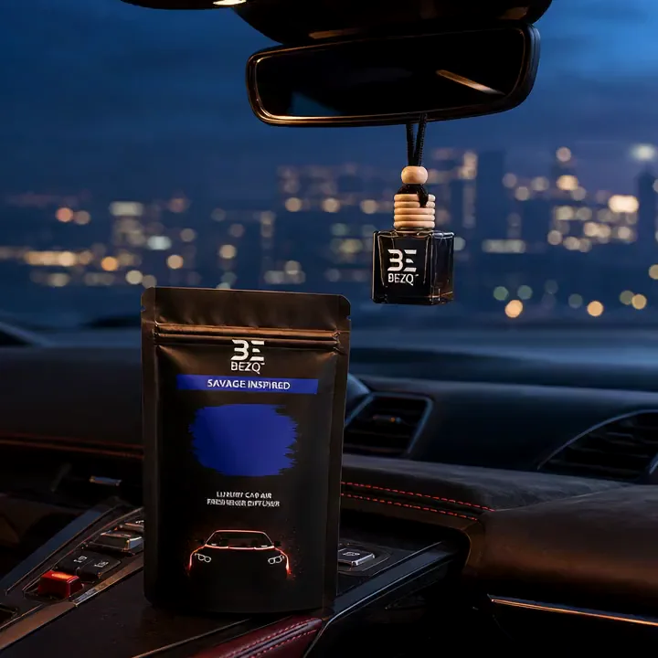 BEZQ Savage-inspired hanging diffuser and pouch in a premium supercar interior